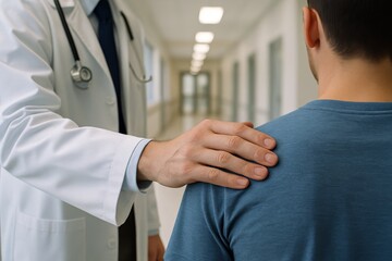 Doctor offering comfort with a supportive touch in a hospital hallway