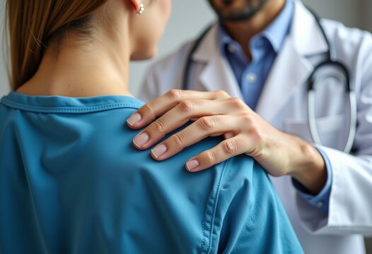 Doctor comforting patient with supportive touch in clinical setting  