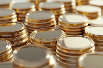 A close up view of stacks of shiny gold coins arranged in rows on a white surface showing wealth