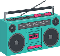 Obraz premium Retro turquoise cassette boombox with pink buttons and antenna in isometric flat design vector illustration