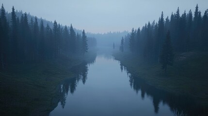 Obraz premium Misty forest river valley at dawn