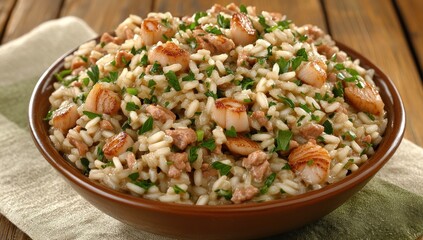 Delicious risotto with scallops and meat in a rustic bowl.