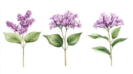 Naklejka premium A watercolor painting of lilac flowers on a white isolated background, accompanied by hand-drawn flora and violet flower clipart
