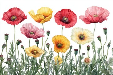 Fototapeta premium A watercolor depiction of wildflowers is presented, featuring poppies, buds, seeds, and leaves set against a white backdrop in a vibrant botanical illustration
