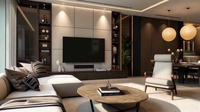 Luxury posh showcase sophisticated living room with modern design elements and city view. Condo interior