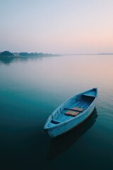 minimalist shot of traditional fishing boat floating on tranquil vietnamese river exuding serene atmosphere