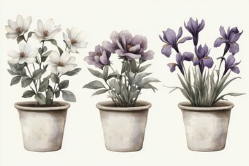 A watercolor hand drawing of isolated flowers, including lilac, rose, sunflower, and jasmine, set against a white background, is depicted, showcasing a flower and leaf