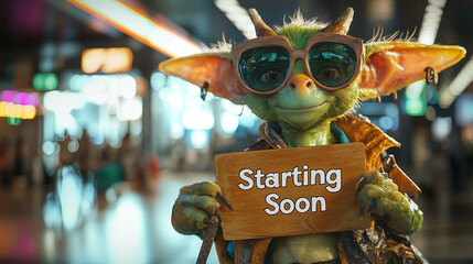 friendly alien creature holding starting soon sign at airport terminal 
