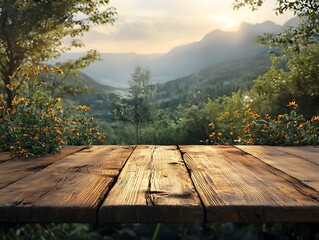 Naklejka premium Rustic wooden table with a scenic mountain landscape view
