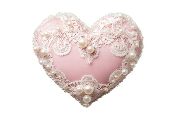 Obraz premium Elegant pink heart-shaped pillow adorned with lace and pearls, perfect for decor or gifts.