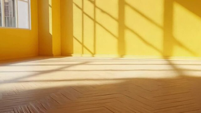 Sunlit Yellow Room Interior with Window Shadows ,Video 4K