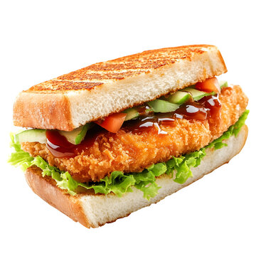 Freshly prepared katsu sando crispy cutlet sandwich, isolated on a transparent background