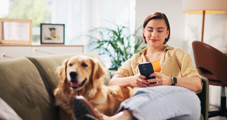 Sofa, relax and woman with dog and phone for bonding, love and chill together in living room. Home,...
