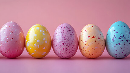 Fototapeta premium A row of vibrant, speckled Easter eggs arranged in a line against a delicate pink backdrop. The colorful eggs, in shades of pink, yellow, blue, and orange, stand in a row ready for an egg hunt.