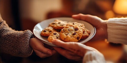 Two hands exchanging a plate of freshly baked cookies, creating a warm and inviting atmosphere.
