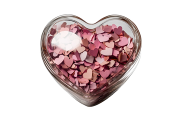 Glass heart filled with pink and purple confetti hearts, isolated on a white background.