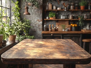 A rustic farmhouse table with a worn wooden surface in a cozy kitchen setting