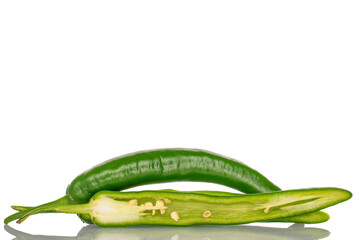 Green hot pepper pods isolated on white background, close-up.