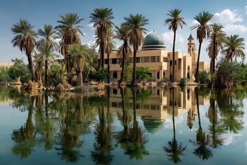 Serene reflection of a majestic mosque amidst lush palm trees and tranquil waters.