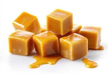 Golden Caramel Cubes: A delectable collection of perfectly formed, glistening caramel cubes, their rich golden hue promises a sweet indulgence, each piece reflecting light and tempting the senses.