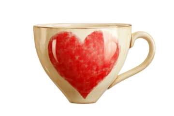 Hand-painted ceramic cup featuring a red heart design against a white background.