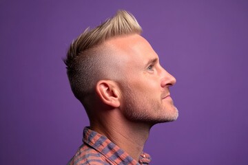 Chic men's buzz cut haircut - midlife white man with blond hair. A gentle and elegant man with a warm presence. Purple solid background. Idea of style for aging men.
