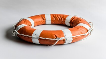 Orange and white lifebuoy with rope on white background.