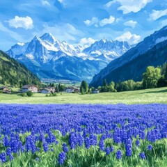 A mountain landscape adorned with flowers, rendered in oil and acrylic on canvas, exemplifies impressionist painting of natural scenery in vibrant hues