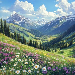 Fototapeta premium Oil and acrylic paints on canvas blend to create a breathtaking impressionist landscape of mountains and flowers, filled with an array of colors that reflect the beauty of nature