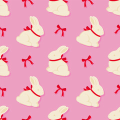 Seamless pattern with white chocolate bunnies and red bows on a pink background. Vector Easter editable background.