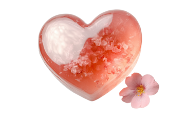 Heart-shaped bath salt with delicate flower, perfect for relaxation and self-care, on a white isolated background.