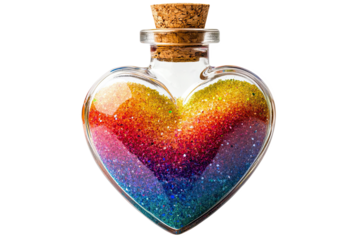 Heart-shaped bottle filled with rainbow glitter, creating a vibrant and colorful display, isolated on a white background.