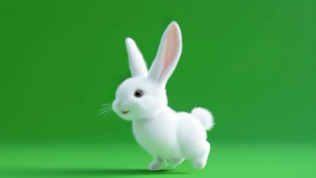 Adorable White Rabbit Hopping on Green Screen Background