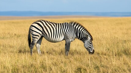 Fototapeta premium Zebra grazing in a golden savanna landscape.