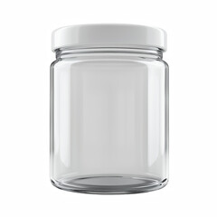 Empty transparent glass jar with white screw-on lid, cylindrical container with smooth clear surface, suitable for food storage, packaging, or mockup design, isolated on transparent background.