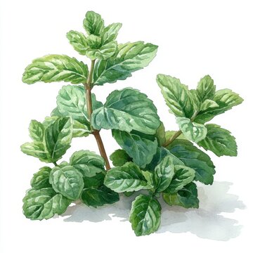A watercolor painting of bright peppermint leaves is set against an isolated background, featuring hand-drawn fresh leaves in a botanical illustration