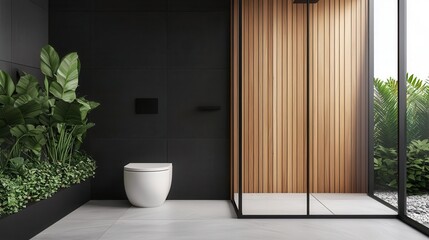 Luxury outdoor toilet in loft style with natural wood accents, automated bidet, and glass privacy doors