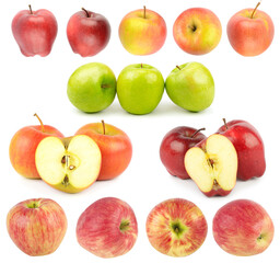 Set of ripe green and red apples from different angles isolated on white background.