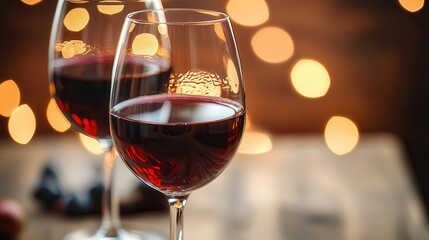 Toasting red wine bokeh restaurant Two glasses of red wine with blurred bokeh lights in the background.