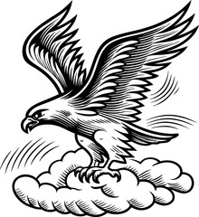 eagle landing on cloud, black and white illustration majestic bird, powerful wings, dynamic pose, wildlife art