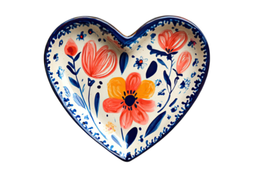 Heart-shaped ceramic bowl adorned with colorful floral patterns on a white background.
