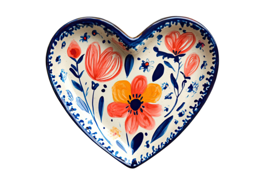 Heart-shaped ceramic bowl adorned with colorful floral patterns on a white background.