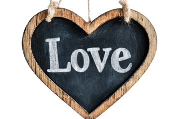 Heart-shaped chalkboard sign displaying the word 'Love', rustic wooden frame, isolated on white.