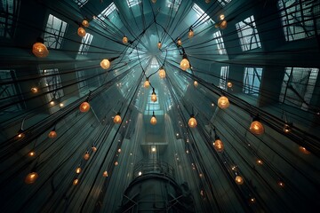 A mesmerizing view of a modern industrial interior with countless light bulbs hanging from the ceiling, creating a breathtaking and atmospheric ambiance.