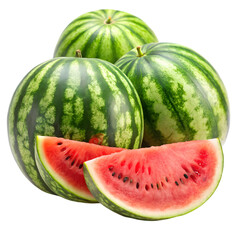 Whole And Slices Of Watermelon Fruit Isolated On Transparent Background For Design And Printing Isolated On White Background
