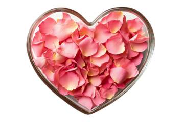 Heart-shaped container filled with delicate pink rose petals on a white background.