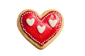 Heart-shaped cookie decorated with red icing and white fondant hearts, isolated on a white background.