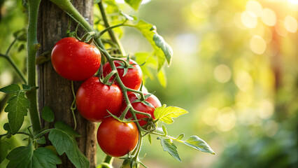 Tometo growing in field, Fresh Red tomatoes on trees in field with warm sunlight natural sunny day background