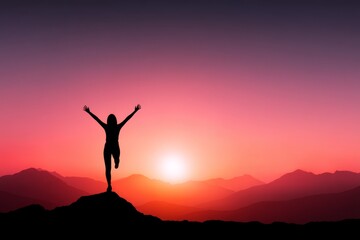 Woman Celebrating Success at Sunset - Silhouette of a woman celebrating a victory on a mountain top at sunset. Peaceful, inspirational scene
