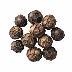 Cluster of dried black peppercorns with wrinkled surface texture and earthy tones, essential spice for cooking and seasoning, isolated on transparent background.